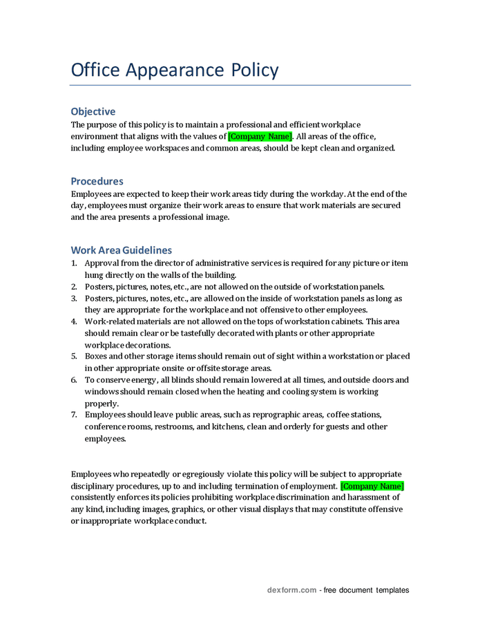 Office appearance policy in Word and Pdf formats