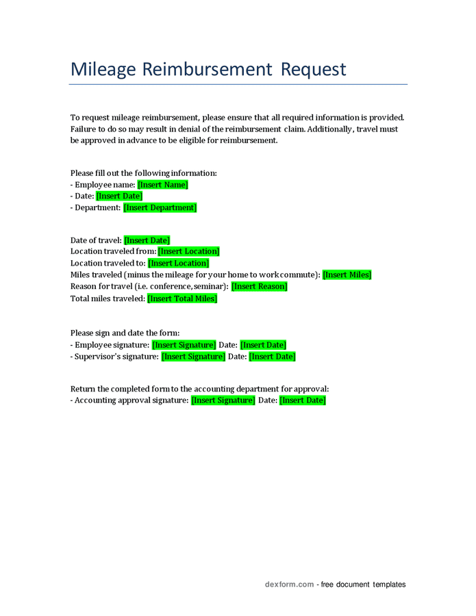 Mileage reimbursement request in Word and Pdf formats