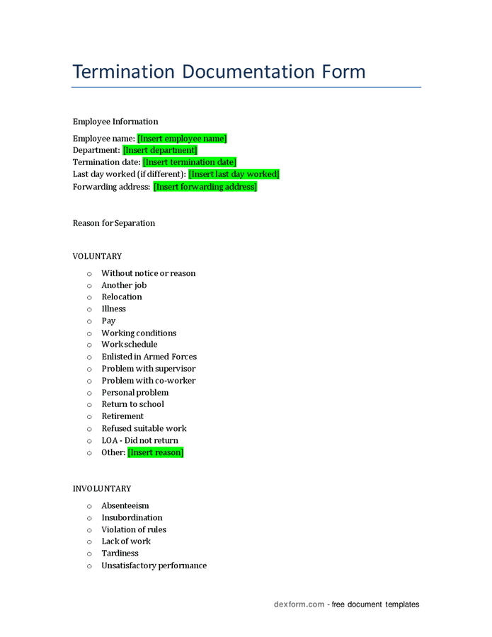 Termination documentation form in Word and Pdf formats