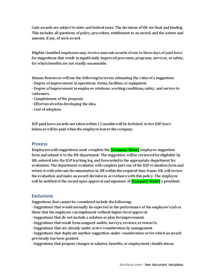 Employee suggestion program policy in Word and Pdf formats - page 2 of 3