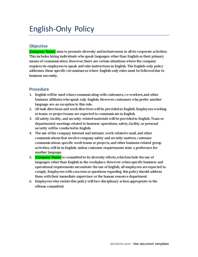 English-only policy in Word and Pdf formats