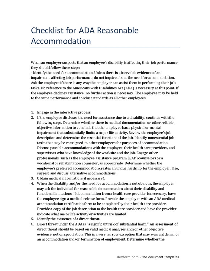 Checklist for ADA reasonable accommodation in Word and Pdf formats