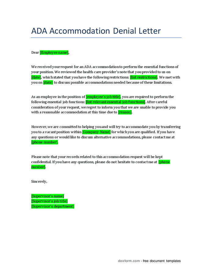 ADA accommodation denial letter in Word and Pdf formats