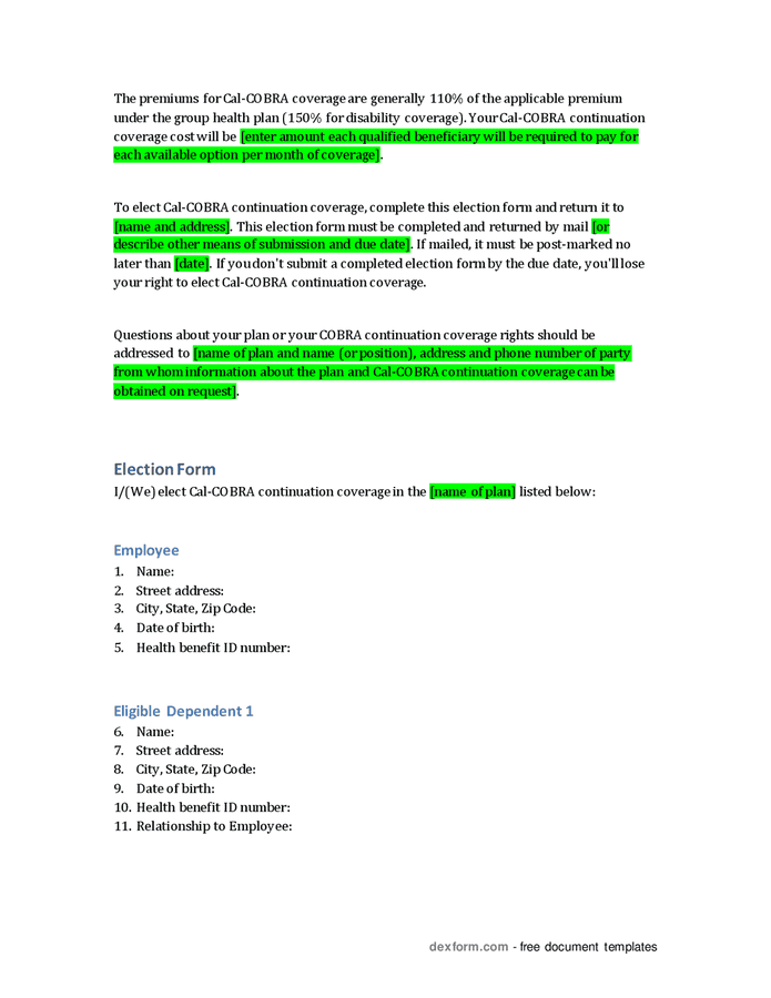 Cal-COBRA election form in Word and Pdf formats - page 2 of 3