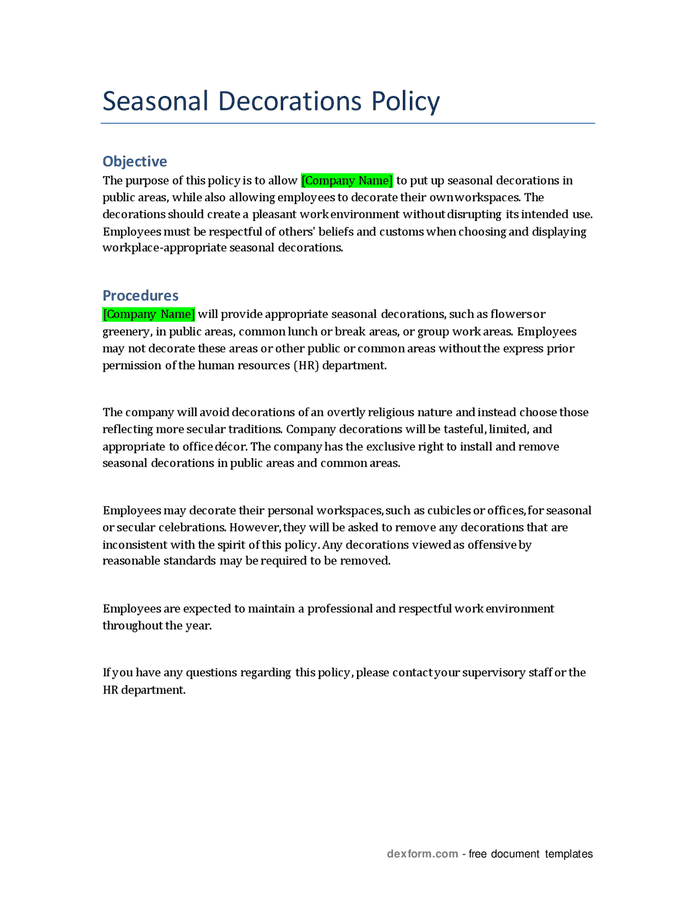 Seasonal decorations policy in Word and Pdf formats