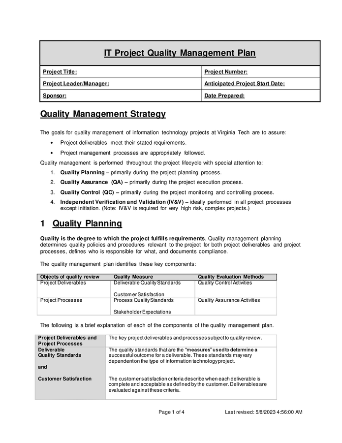 IT project quality management plan in Word and Pdf formats