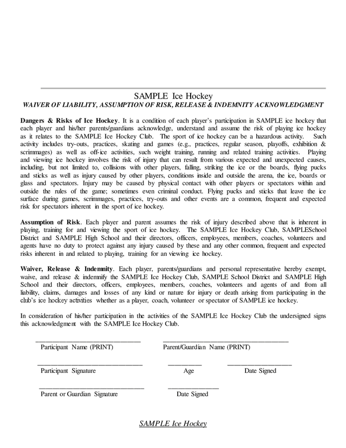 Ice hockey waiver of liability form in Word and Pdf formats