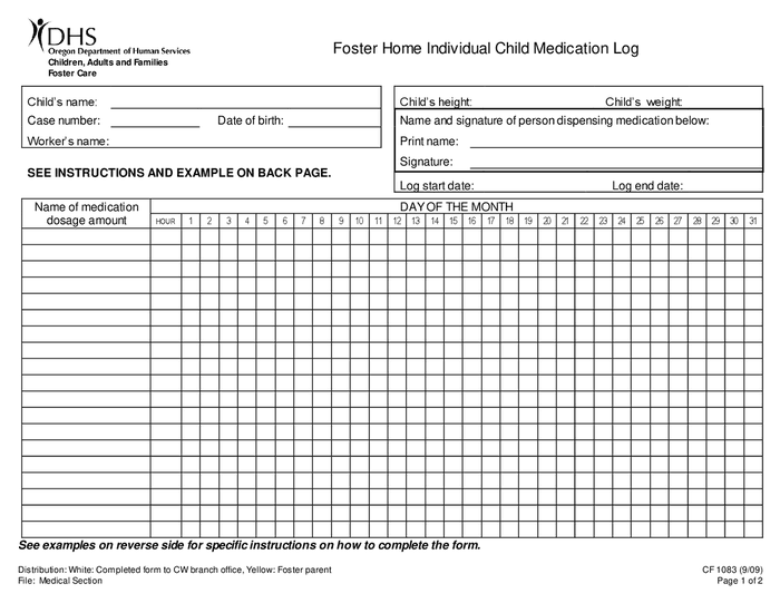 Foster home individual child medication log sample in Word and Pdf formats