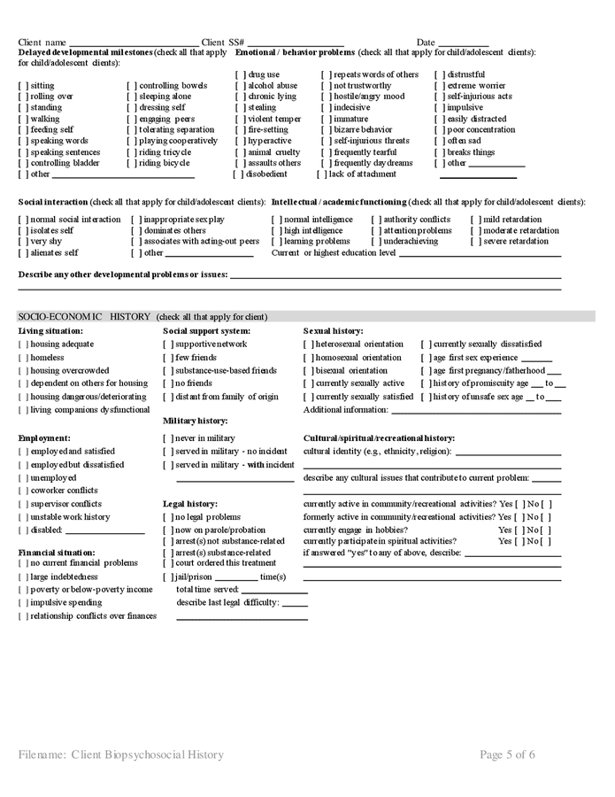 Biopsychosocial history form in Word and Pdf formats - page 5 of 6