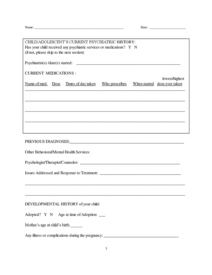 Child adolescent medical intake form in Word and Pdf formats - page 3 of 8