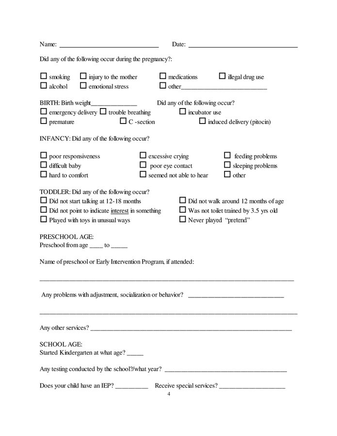 Child adolescent medical intake form in Word and Pdf formats - page 4 of 8