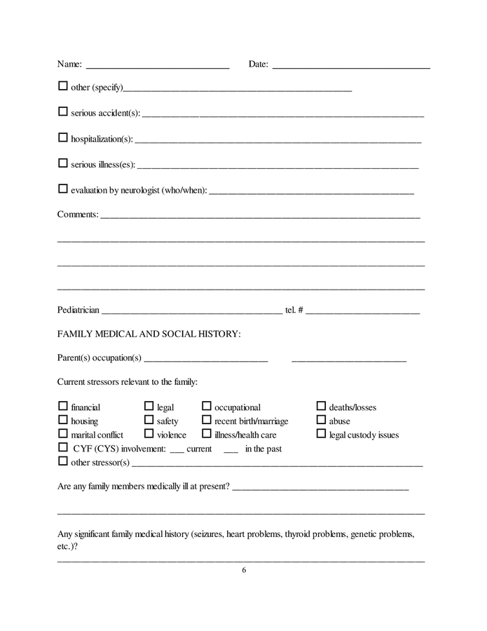 Child adolescent medical intake form in Word and Pdf formats - page 6 of 8