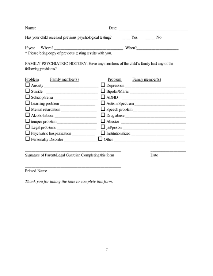 Child Adolescent Medical Intake Form In Word And Pdf Formats - Page 7 Of 8