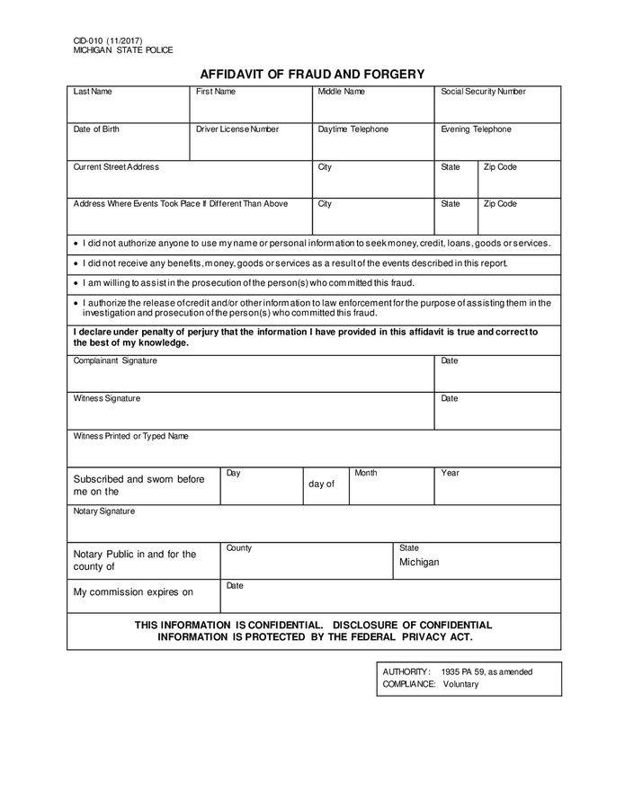 Affidavit of fraud and forgery in Word and Pdf formats