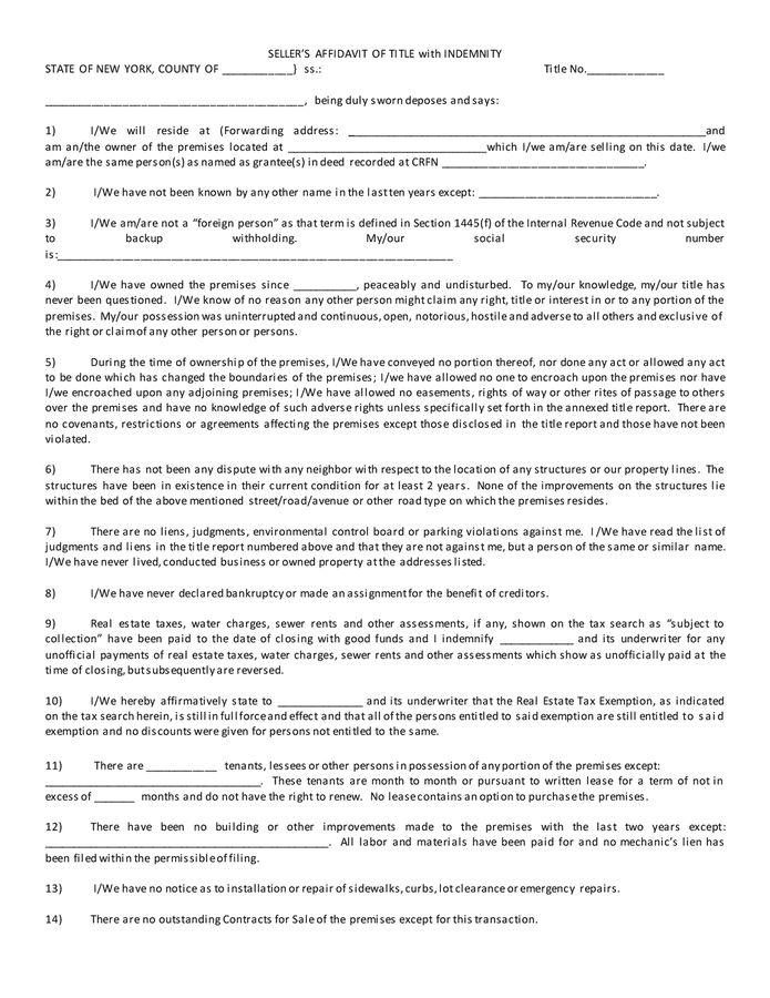 Seller's affidavit of title with indemnity (New York) in Word and Pdf ...