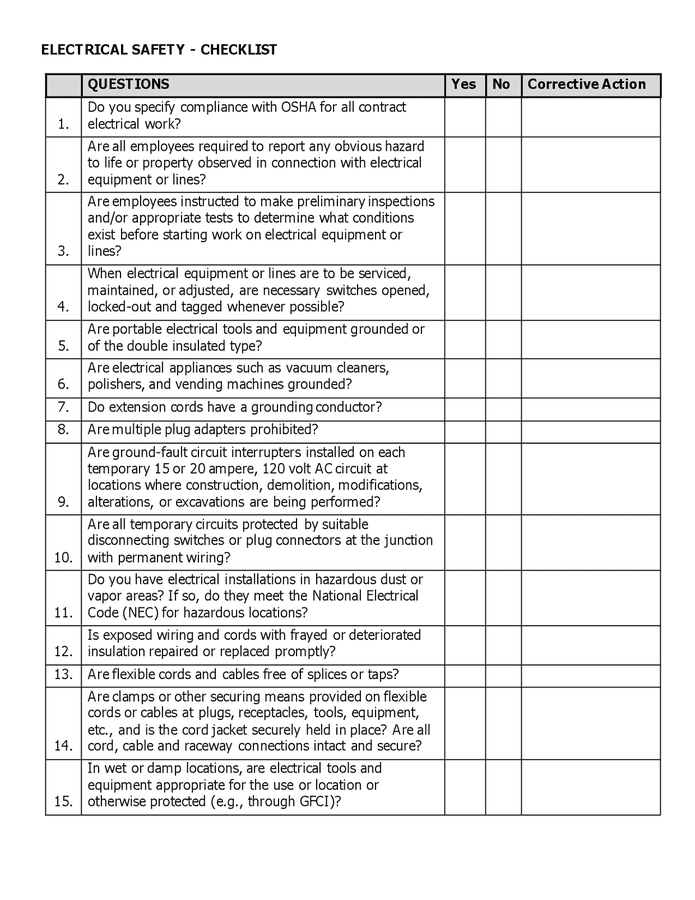 Electrical safety checklist in Word and Pdf formats