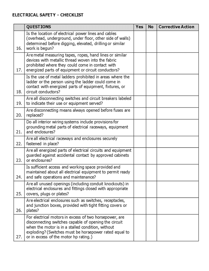 Electrical Safety Checklist In Word And Pdf Formats - Page 2 Of 3