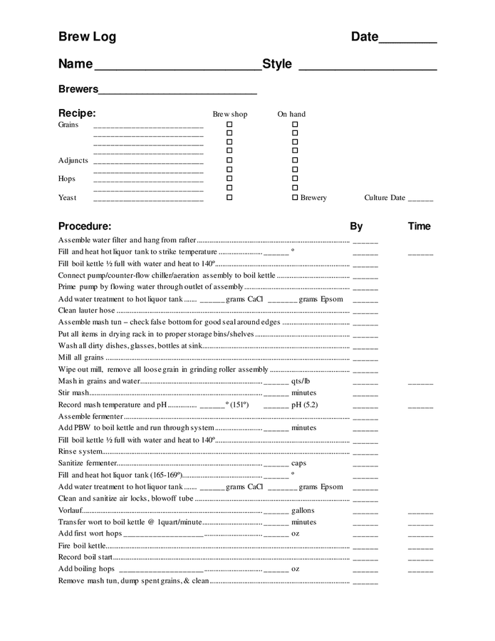 Brewing log form in Word and Pdf formats