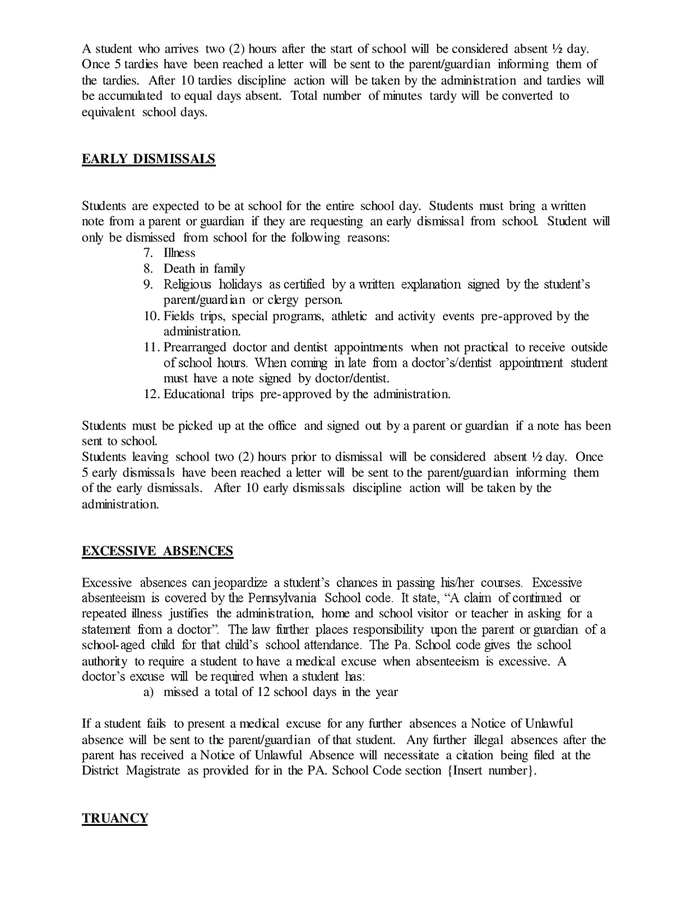 Sample school attendance policy in Word and Pdf formats - page 3 of 4