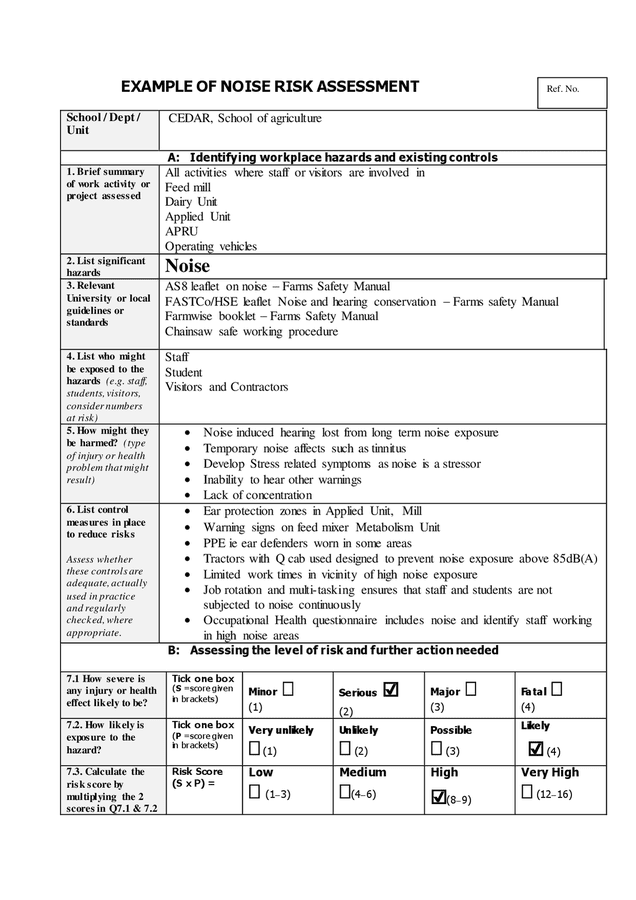 Example Of Noise Risk Assessment In Word And Pdf Formats