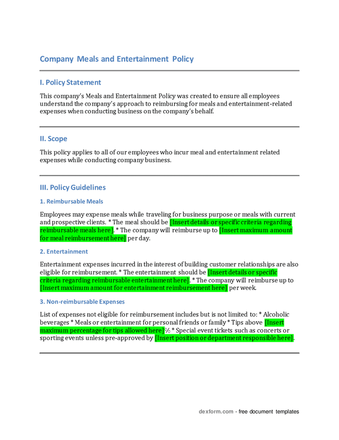 Company meals and entertainment policy in Word and Pdf formats