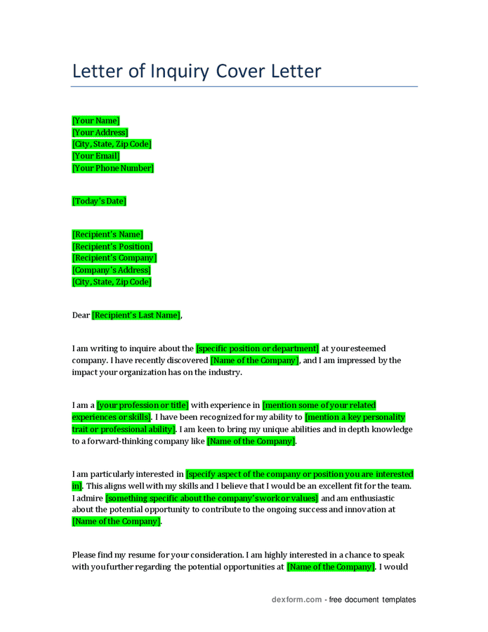 Letter Of Inquiry Cover Letter In Word And Pdf Formats