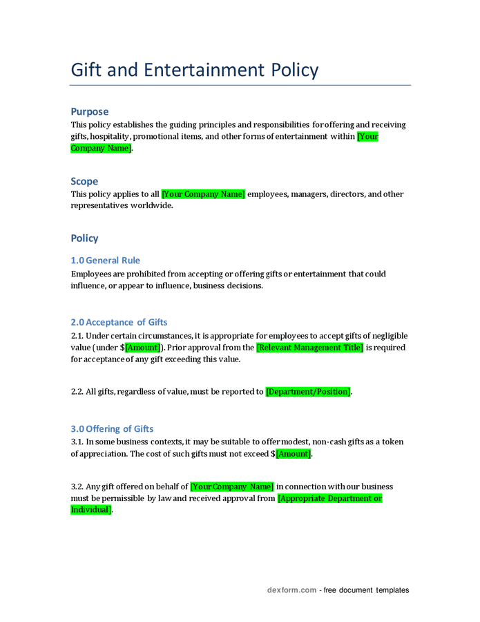 Gift and entertainment policy in Word and Pdf formats