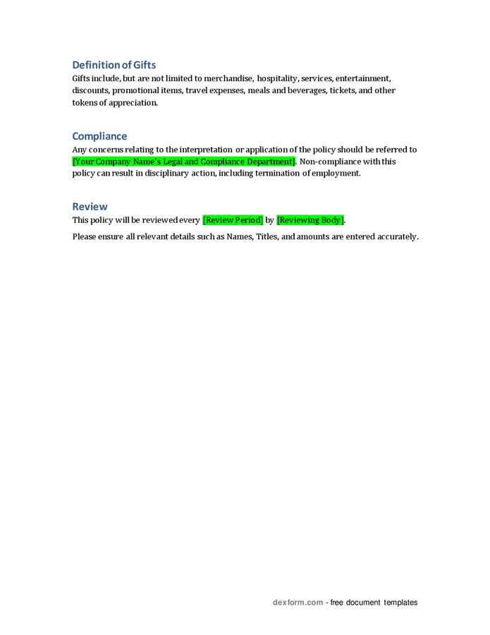 Gift and entertainment policy in Word and Pdf formats page 2 of 2