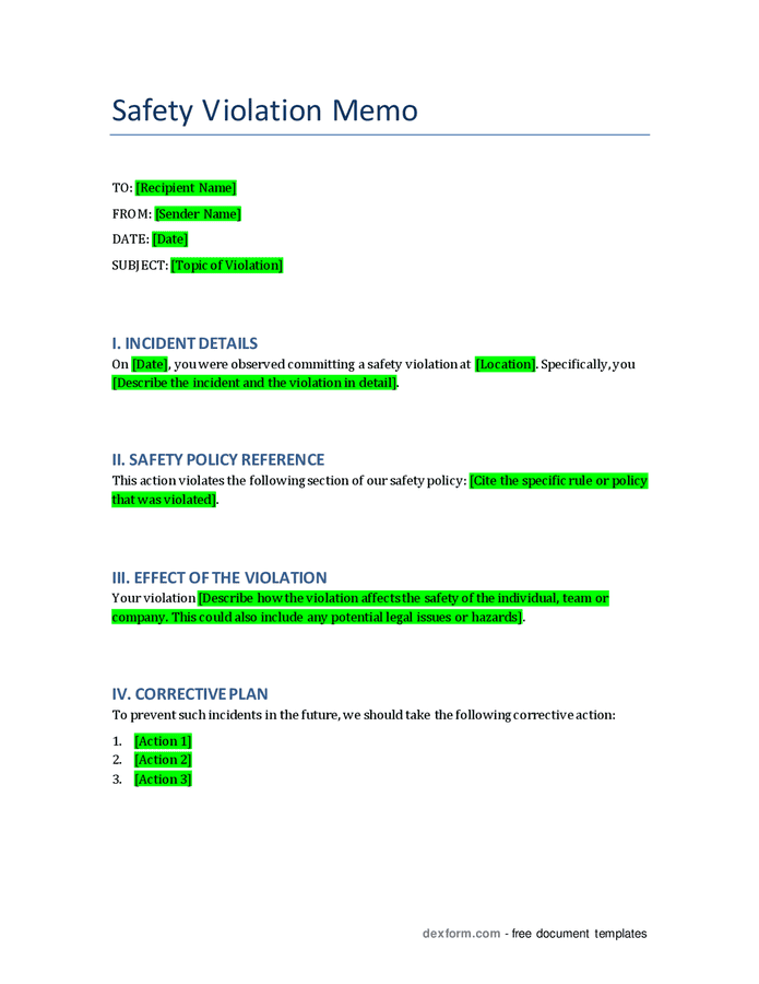 Safety violation memo in word and pdf formats