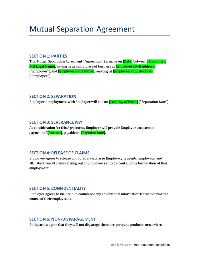 Mutual separation agreement in Word and Pdf formats