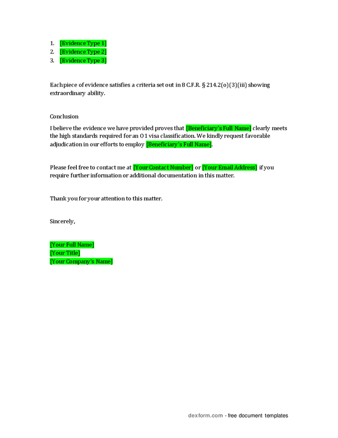 O1 petition cover letter in Word and Pdf formats - page 2 of 2