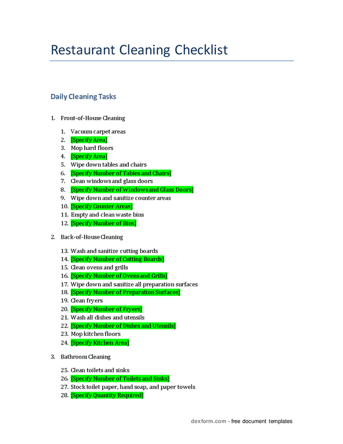 Restaurant cleaning checklist in Word and Pdf formats