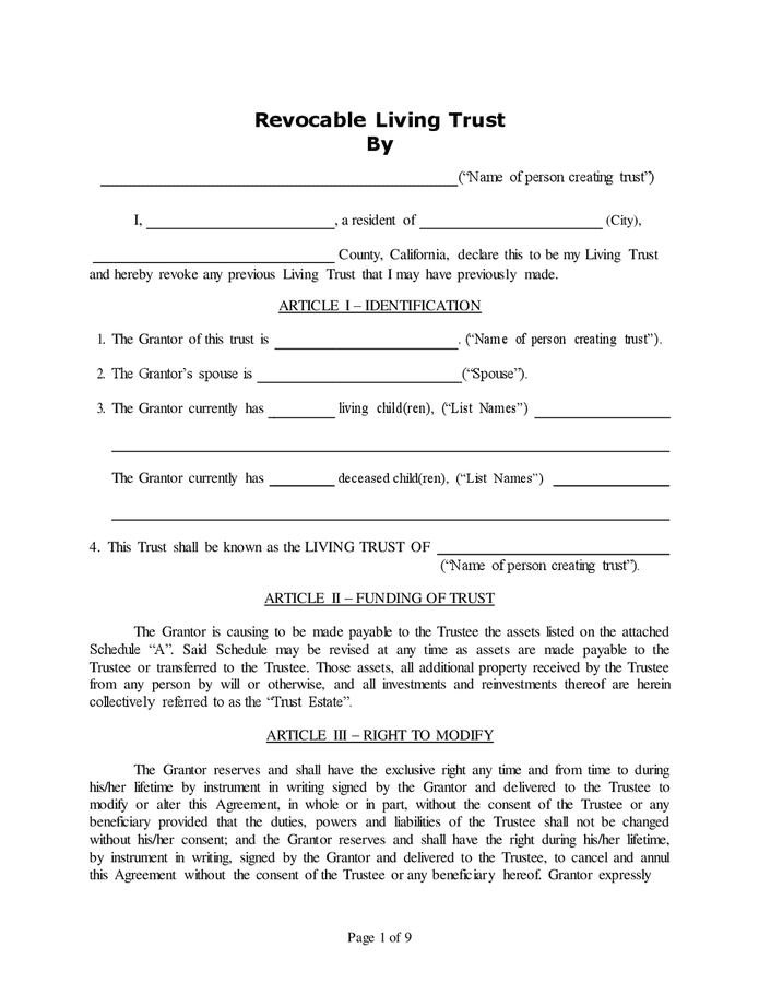 Revocable Living Trust (california) In Word And Pdf Formats