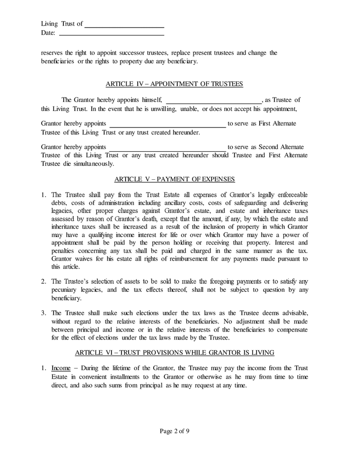 Revocable living trust (California) in Word and Pdf formats - page 2 of 9