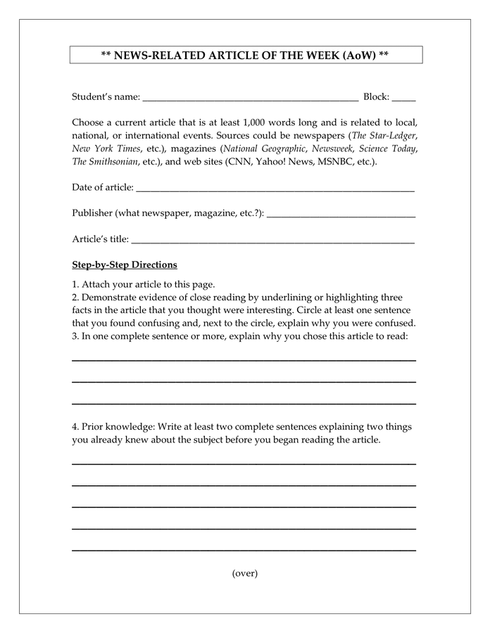 Newspaper article worksheet in Word and Pdf formats