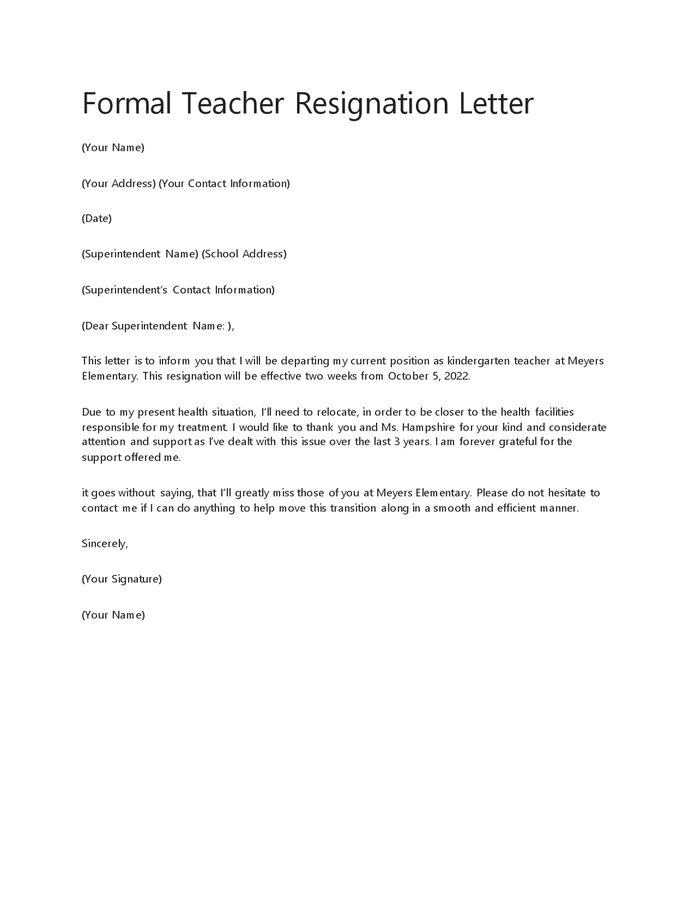 Formal teacher resignation letter in Word and Pdf formats