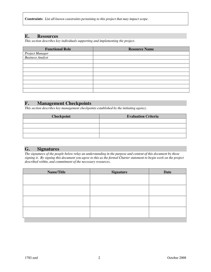 Project Charter in Word and Pdf formats - page 2 of 2