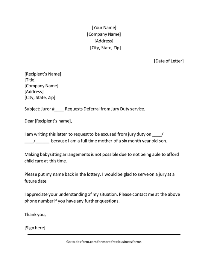 Jury duty excuse letter in Word and Pdf formats