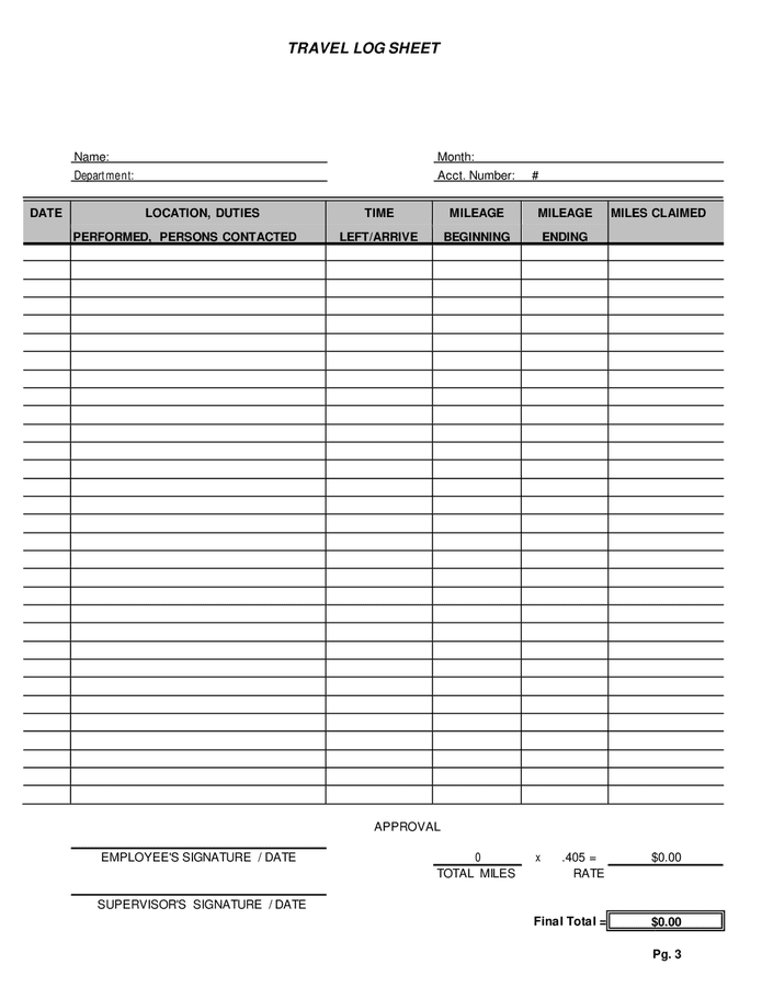 Travel log sheet in Word and Pdf formats - page 3 of 3