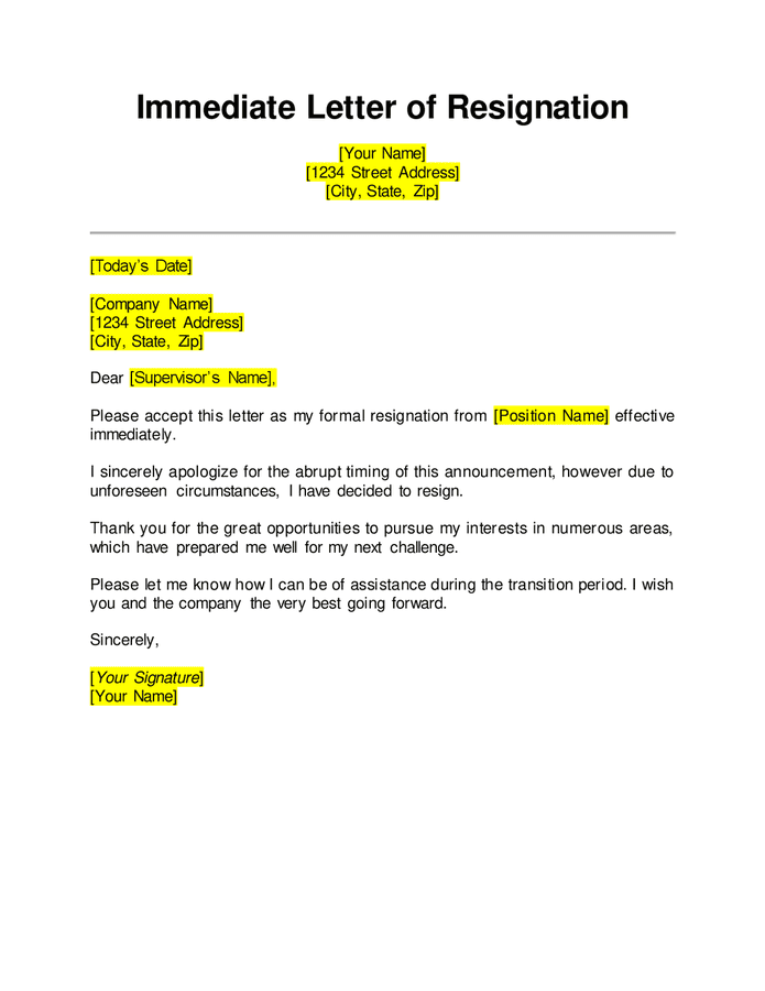 Immediate letter of resignation in Word and Pdf formats