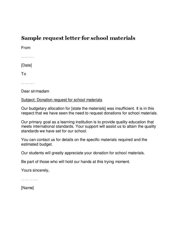 Sample Request Letter For School Materials In Word And Pdf Formats Sample Request Letter For School Materials In Word And Pdf Formats