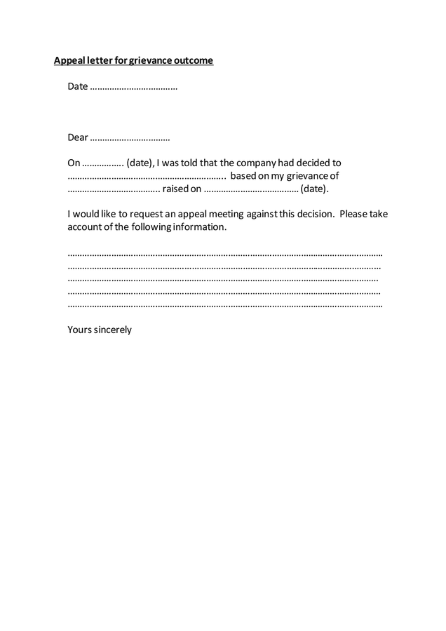 Appeal letter for grievance outcome in Word and Pdf formats