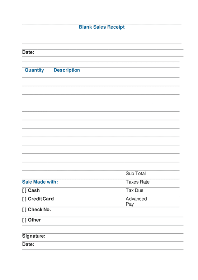 Blank sales receipt in Word and Pdf formats