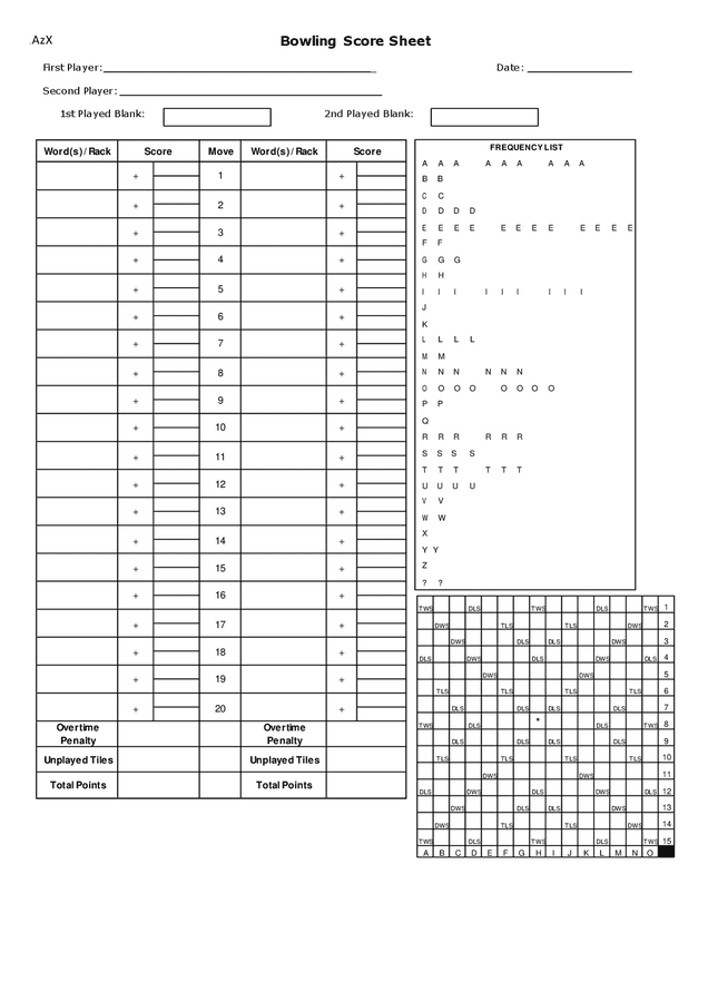 Bowling score sheet in Word and Pdf formats