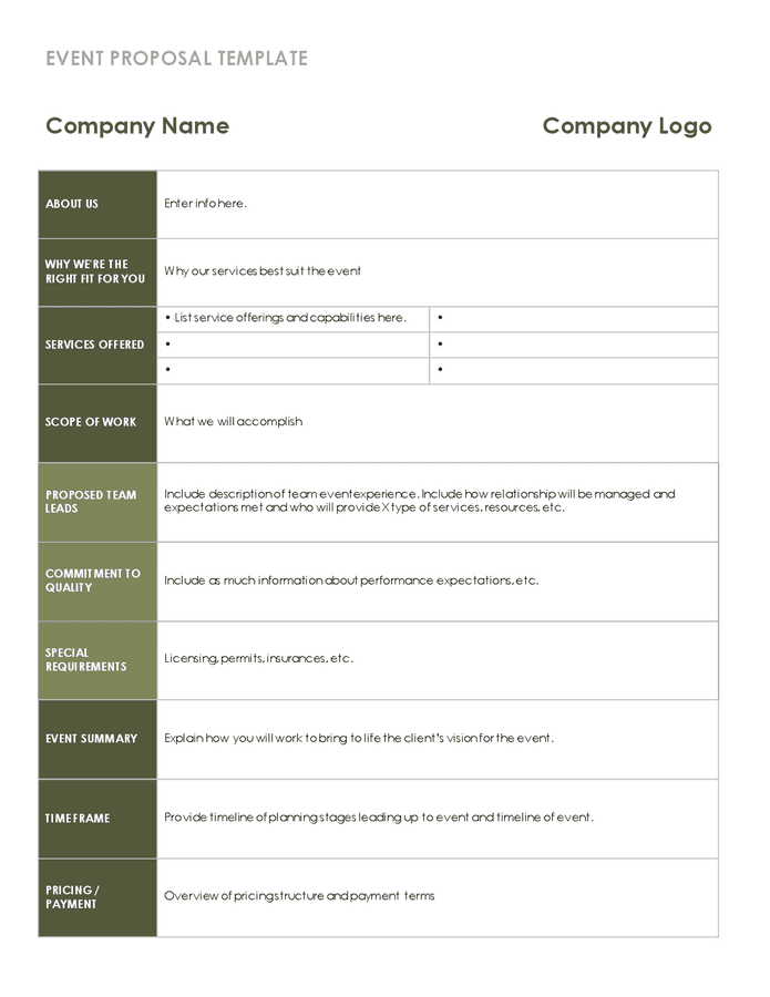 Event proposal template in Word and Pdf formats