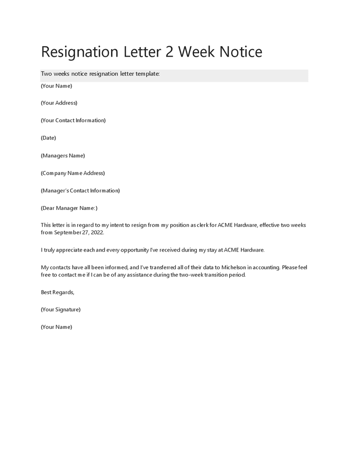 Resignation letter 2 week notice in Word and Pdf formats