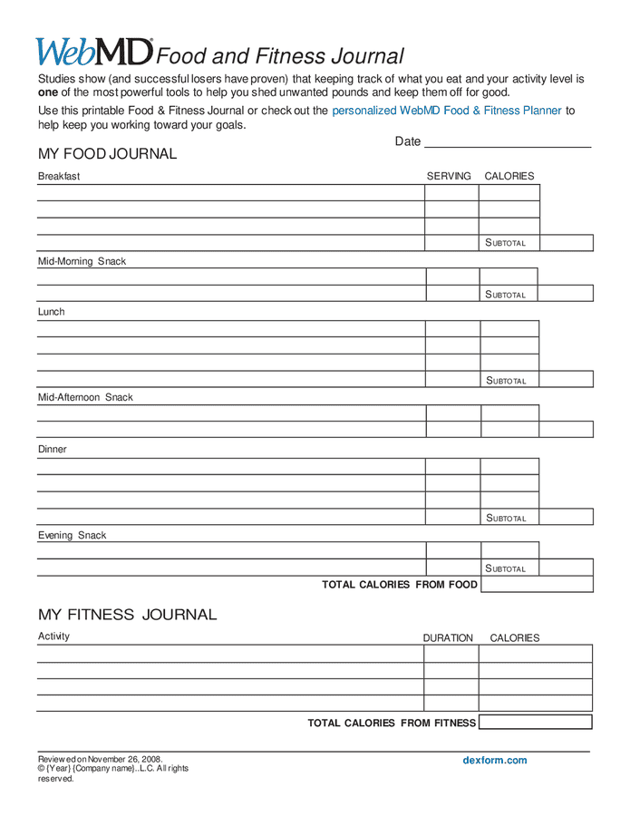 Food and fitness journal in Word and Pdf formats