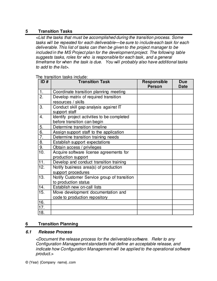 Transition plan template in Word and Pdf formats - page 7 of 11