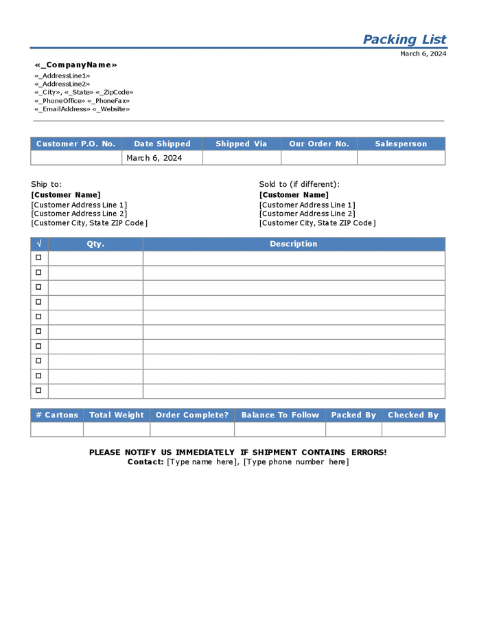 Packing slip template in Word and Pdf formats