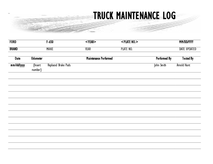 Truck maintenance log in Word and Pdf formats